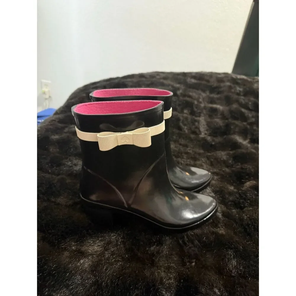 Kate Spade Rain Boots Bootie Black Bow Heel Size 8